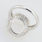 Sterling Silver Semi Mount Ring Setting with Halo design for 13x11mm Oval gemstone, showcasing intricate detailing.